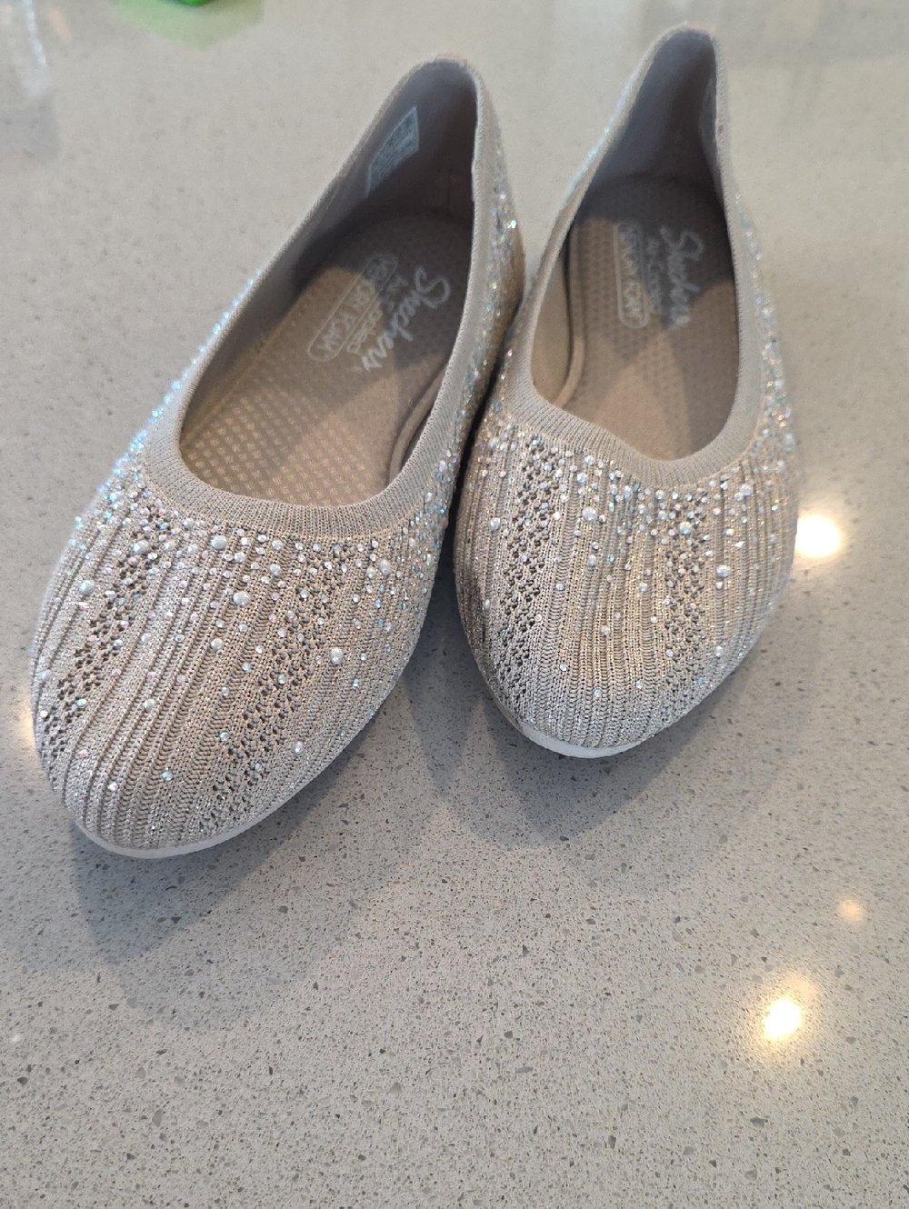 Skechers Women's Cleo Pearl-Embellished Knit Flats in Light Beige